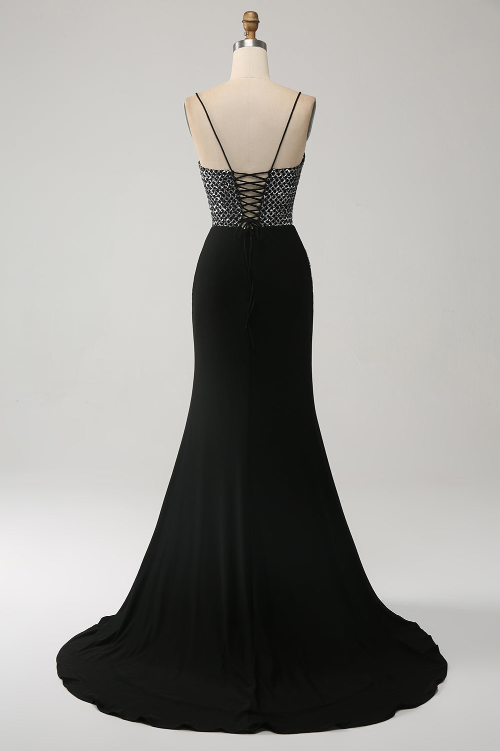 Luolandi Gorgeous Black Mermaid Spaghetti Straps Strapless Sequin Prom Dresses with Slit Sexy Evening Dresses
